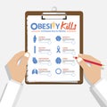 Infographic for 8 Diseases due to obesity in flat design. DoctorÃ¢â¬â¢s hand holding clipboard. Medical and healthcare report.